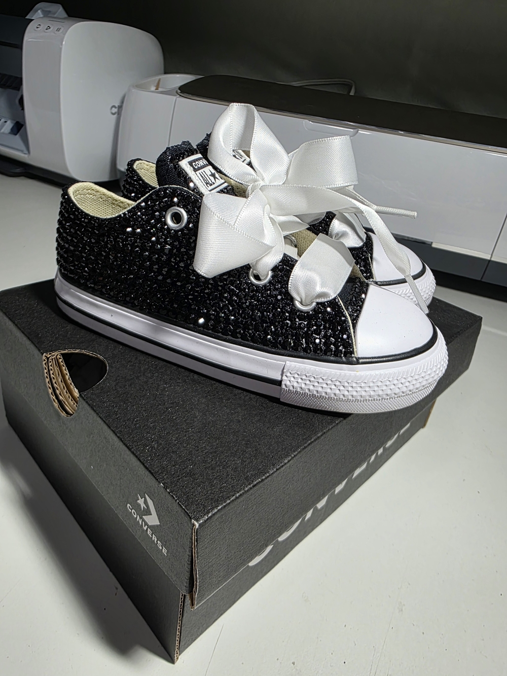 Converse Kids' Black Gem Bling Low Top Sneakers with White Satin Laces